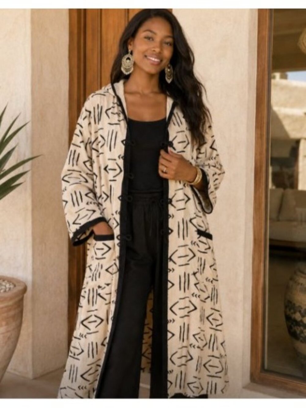 Nefertiti Collection NWT Hooded Duster Maxi Coat 2X Tribal Print Cotton Boho